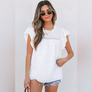 *NEW* Womens White Eyelet Ruffle Short Sleeve Blouse Top Boho | Size L